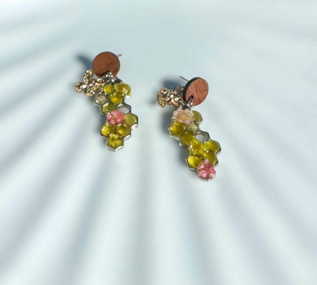 Bee -Themed Handcrafted Drop Earrings with Honeycombs & Flowers