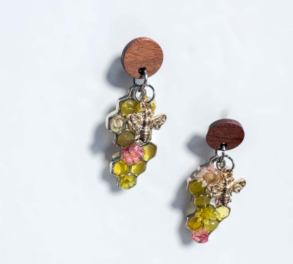 Bee -Themed Handcrafted Drop Earrings with Honeycombs & Flowers