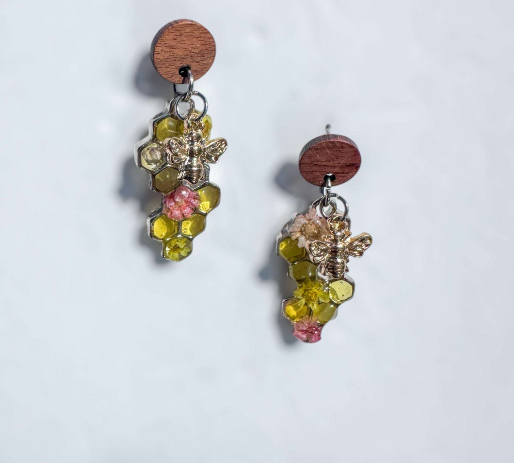 Bee -Themed Handcrafted Drop Earrings with Honeycombs & Flowers