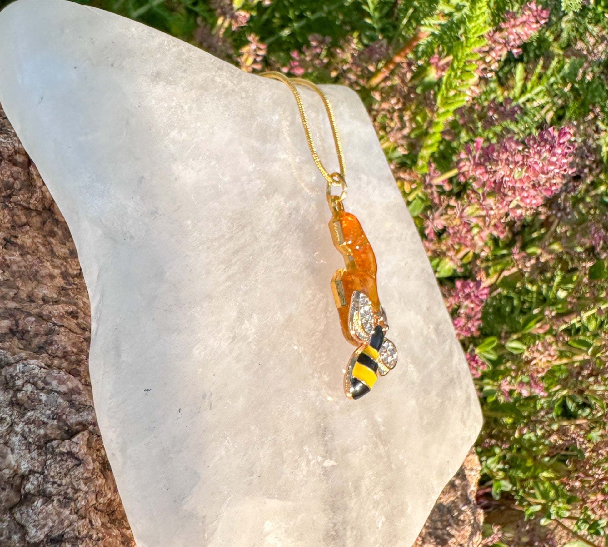 Bee -utiful Honeycomb Handmade Pendant with Real Flowers and Bee Charm
