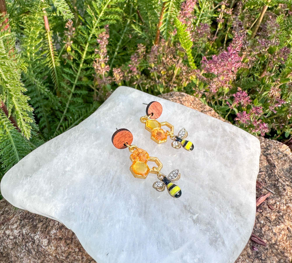 Handmade Honeycomb Drop Earrings with Real Flowers & Bee Charm