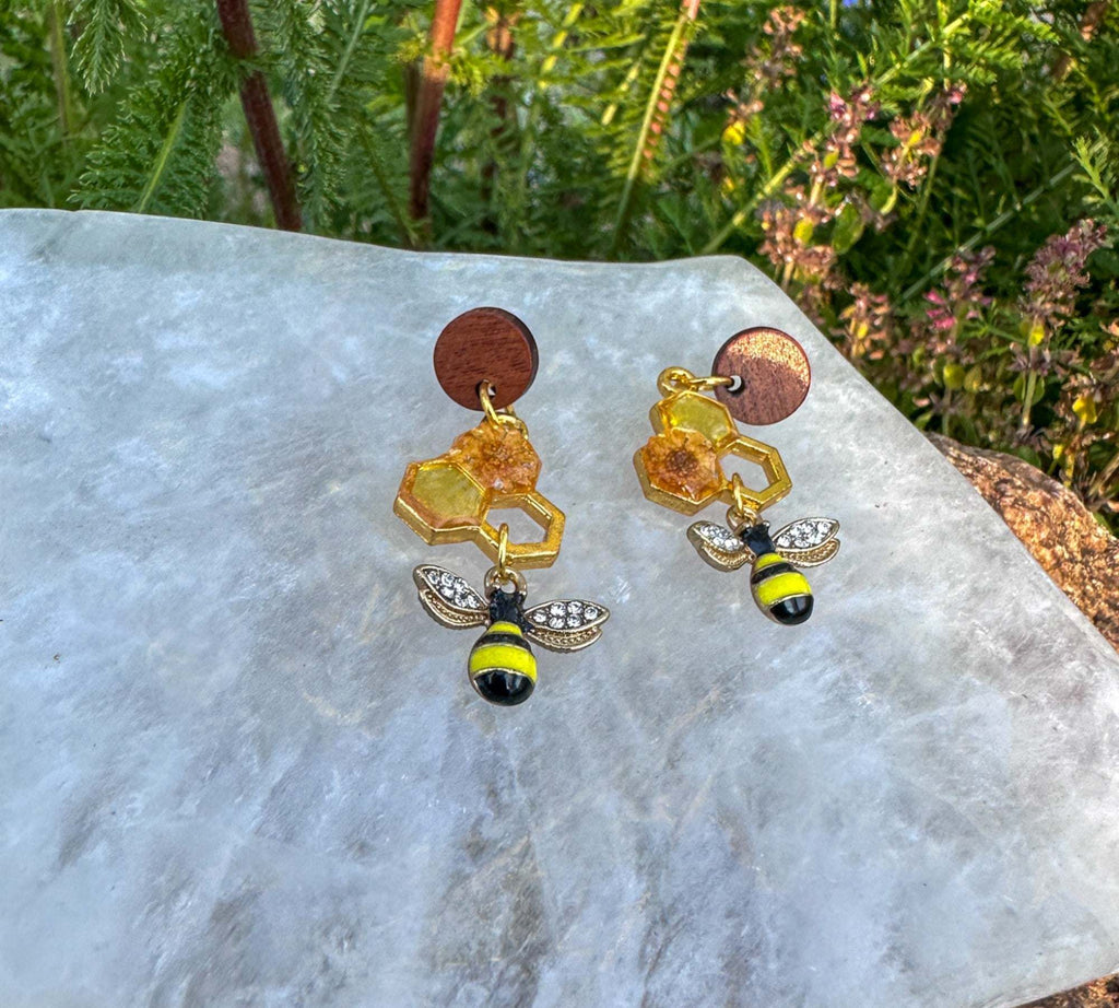 Handmade Honeycomb Drop Earrings with Real Flowers & Bee Charm