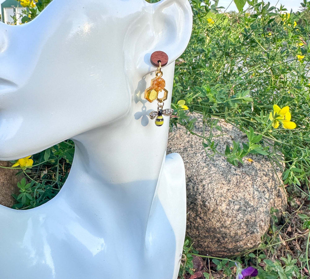 Handmade Honeycomb Drop Earrings with Real Flowers & Bee Charm