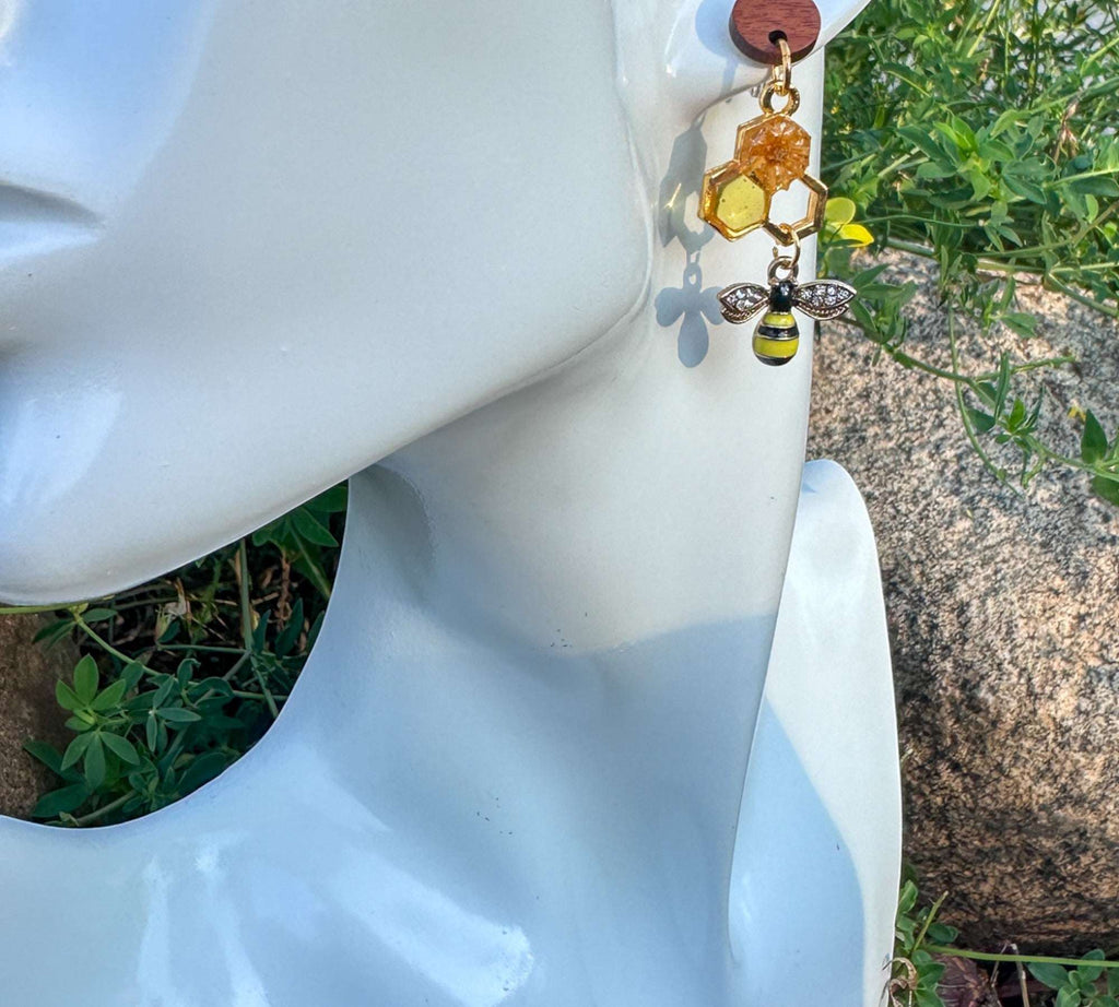 Handmade Honeycomb Drop Earrings with Real Flowers & Bee Charm