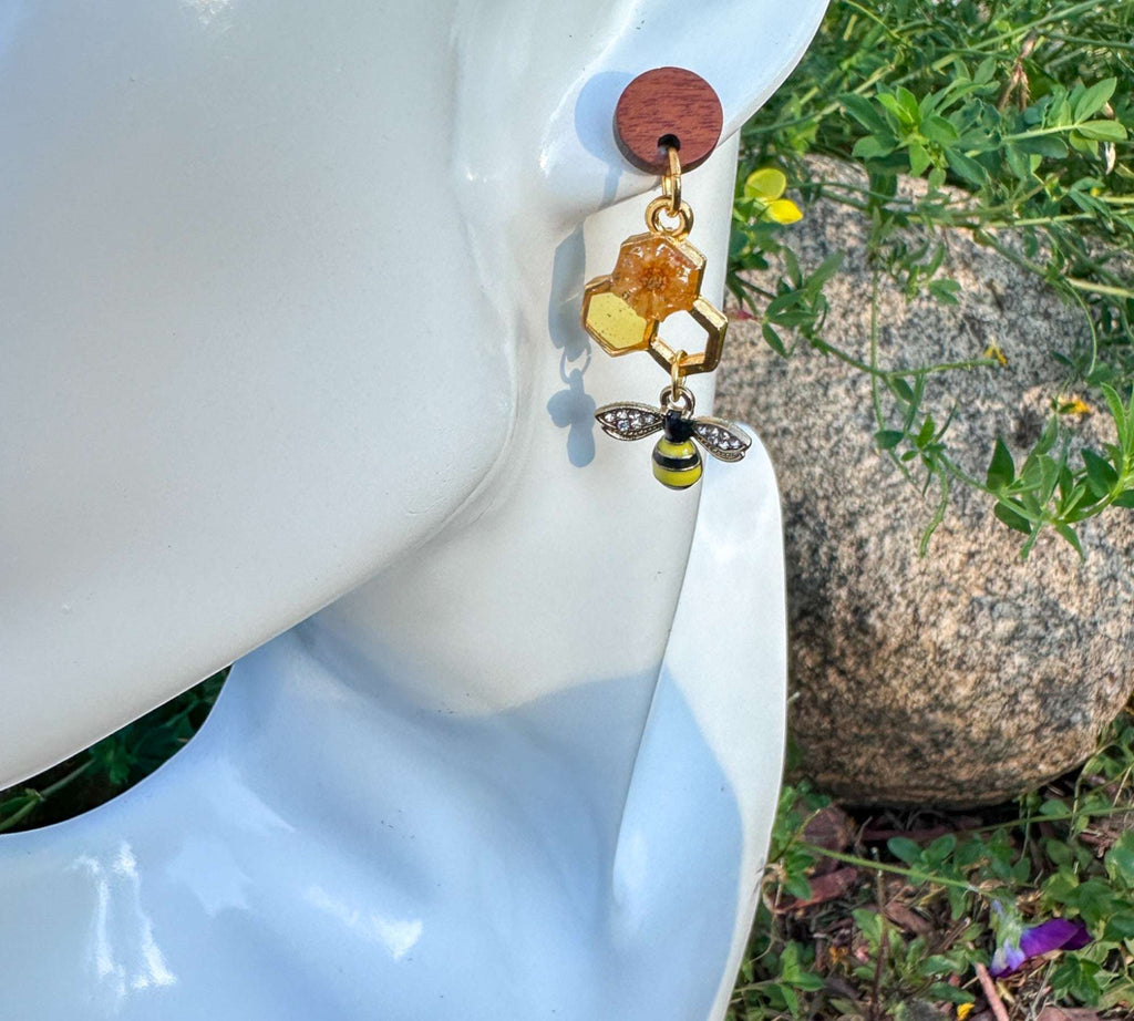 Handmade Honeycomb Drop Earrings with Real Flowers & Bee Charm