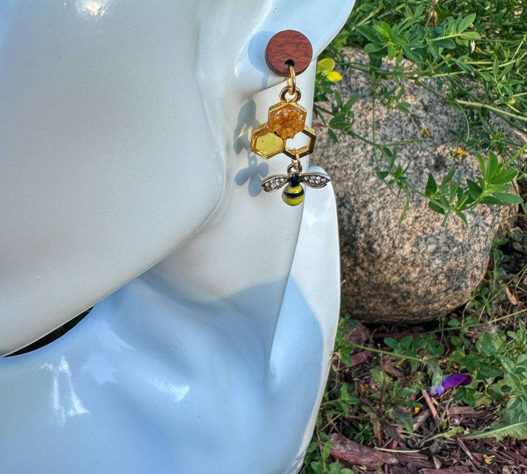 Handmade Honeycomb Drop Earrings with Real Flowers & Bee Charm