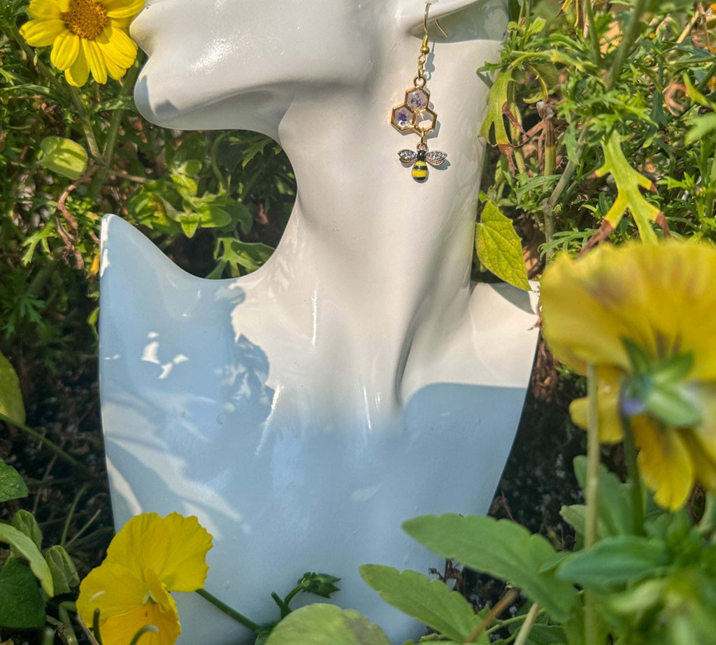 Bee -utiful Handmade Honeycomb Earrings with Rhinestone Bee Charm