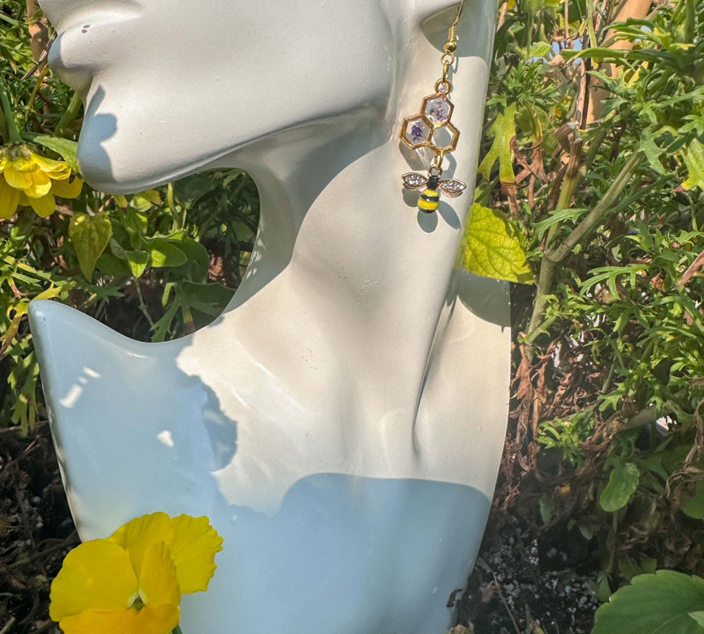 Bee -utiful Handmade Honeycomb Earrings with Rhinestone Bee Charm