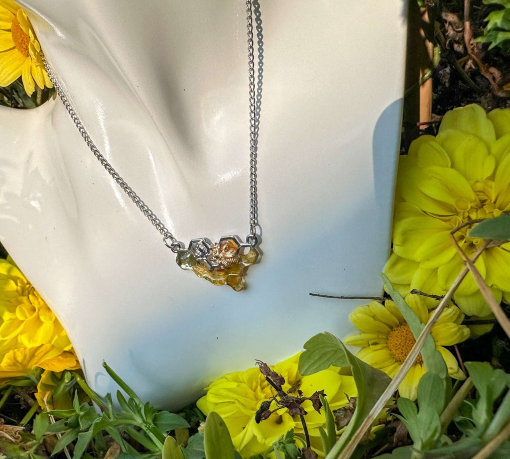 Dripping Honey Honeycomb Handmade Pendant with Gold Bee Charm