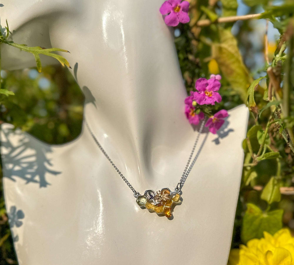 Dripping Honey Honeycomb Handmade Pendant with Gold Bee Charm