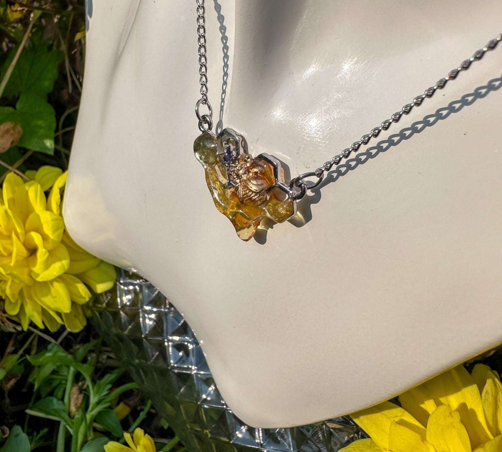 Dripping Honey Honeycomb Handmade Pendant with Gold Bee Charm