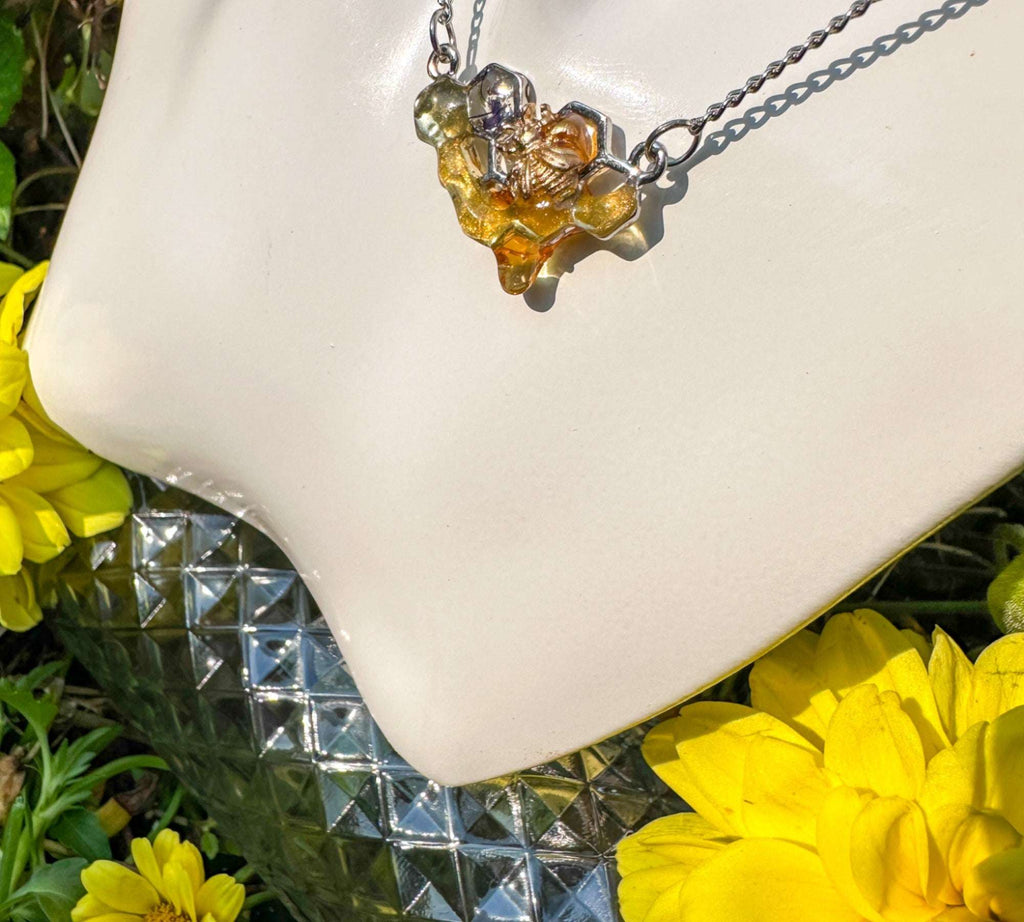 Dripping Honey Honeycomb Handmade Pendant with Gold Bee Charm