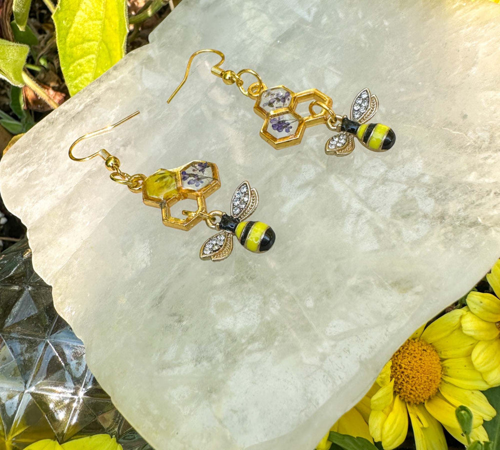 Bee -utiful Handmade Honeycomb Earrings with Rhinestone Bee Charm