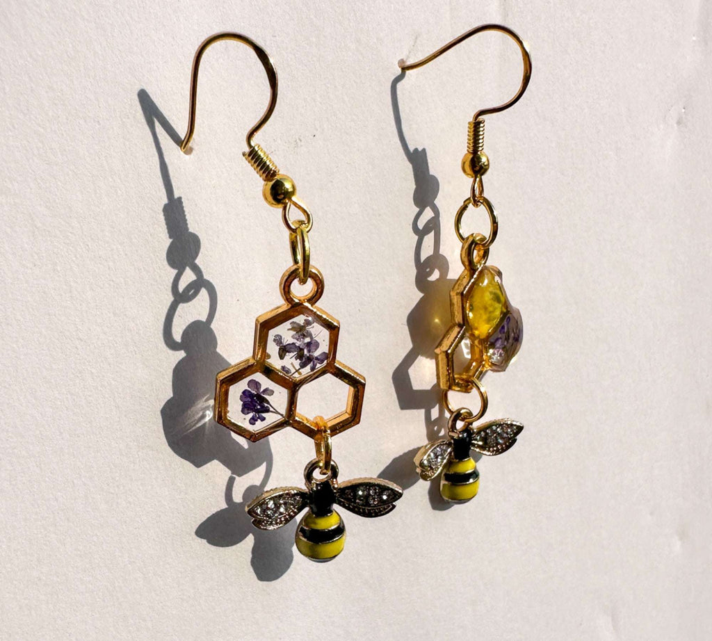 Bee -utiful Handmade Honeycomb Earrings with Rhinestone Bee Charm