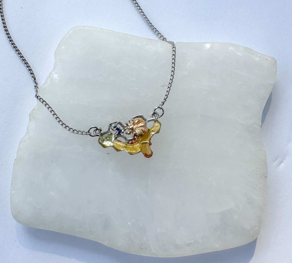 Dripping Honey Honeycomb Handmade Pendant with Gold Bee Charm
