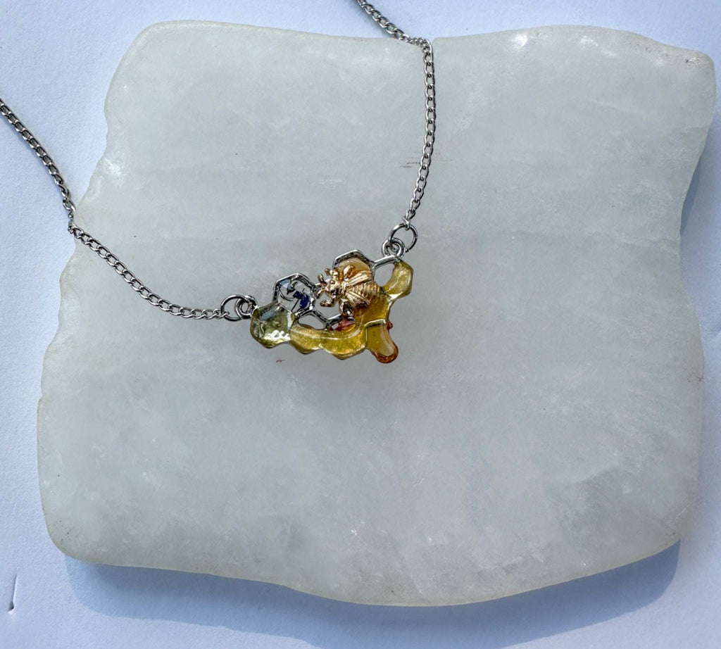 Dripping Honey Honeycomb Handmade Pendant with Gold Bee Charm