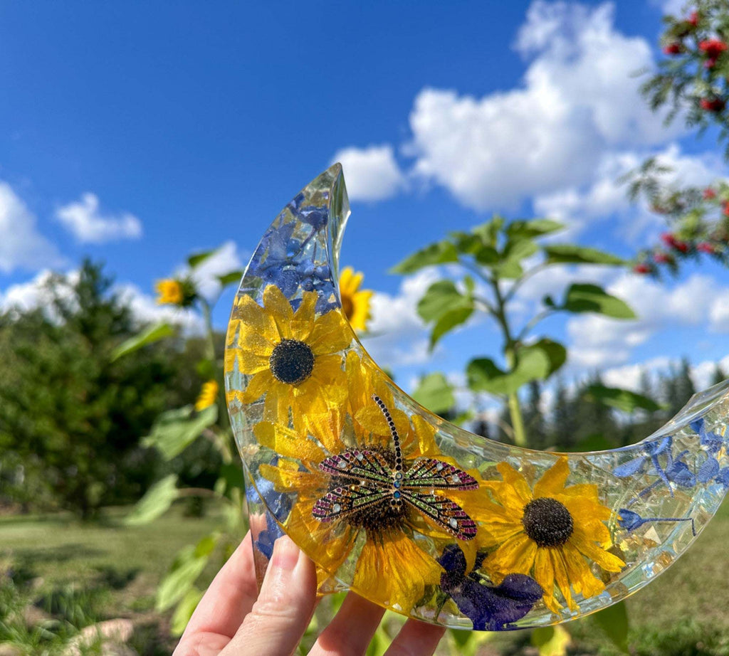 Tournesol céleste et lune : veilleuse en résine libellule et tournesol