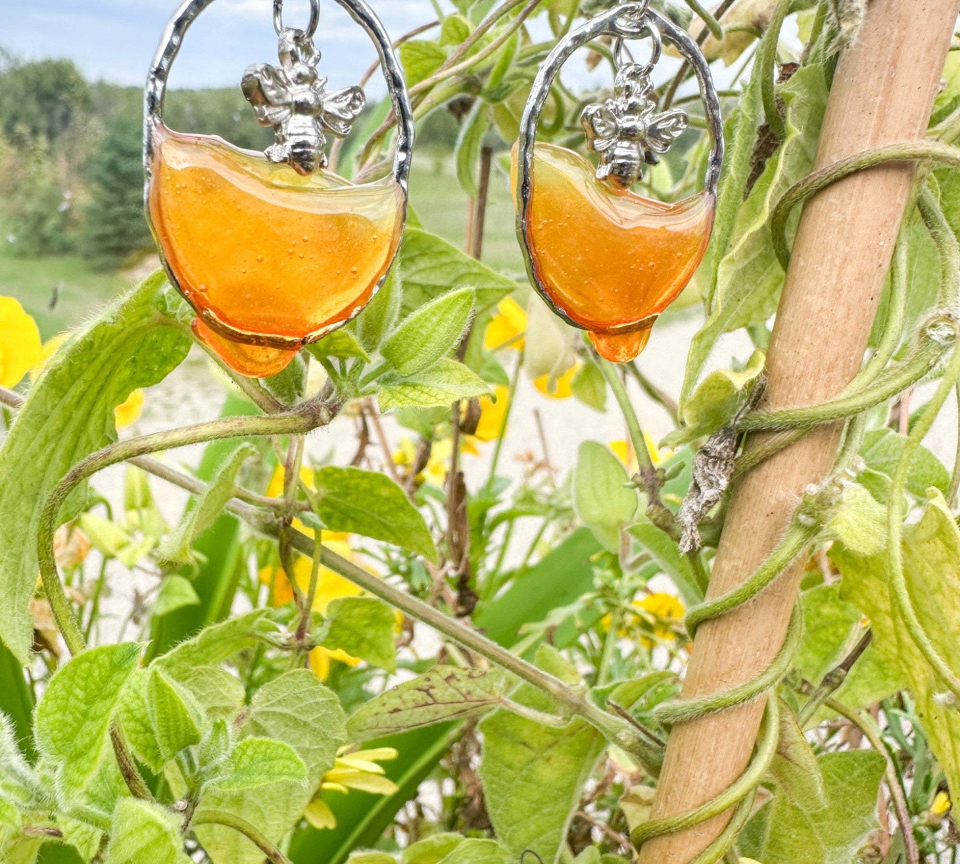 Dripping Honey Handmade Bee -utiful Silver Drop Resin Earrings