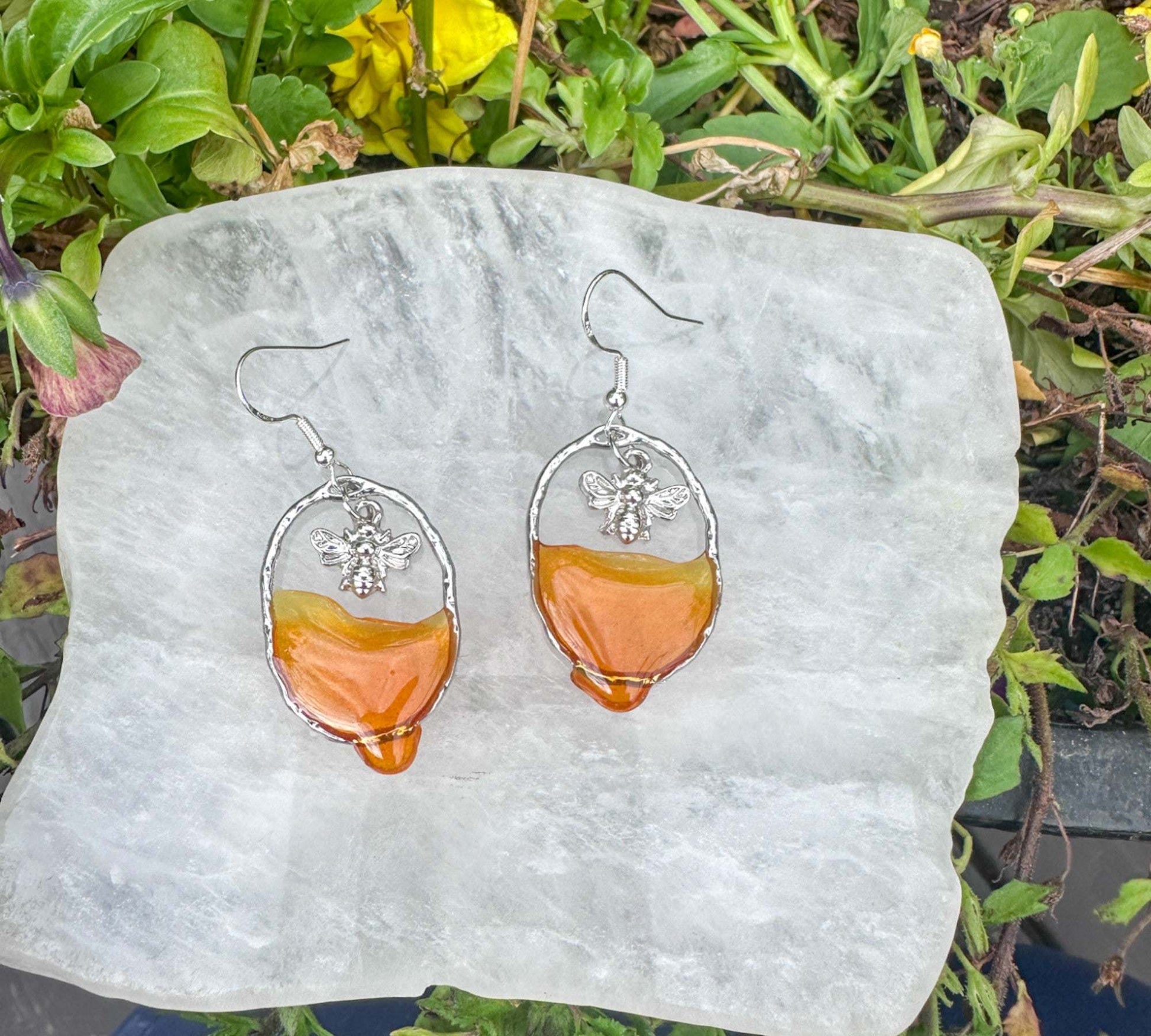 Dripping Honey Handmade Bee -utiful Silver Drop Resin Earrings