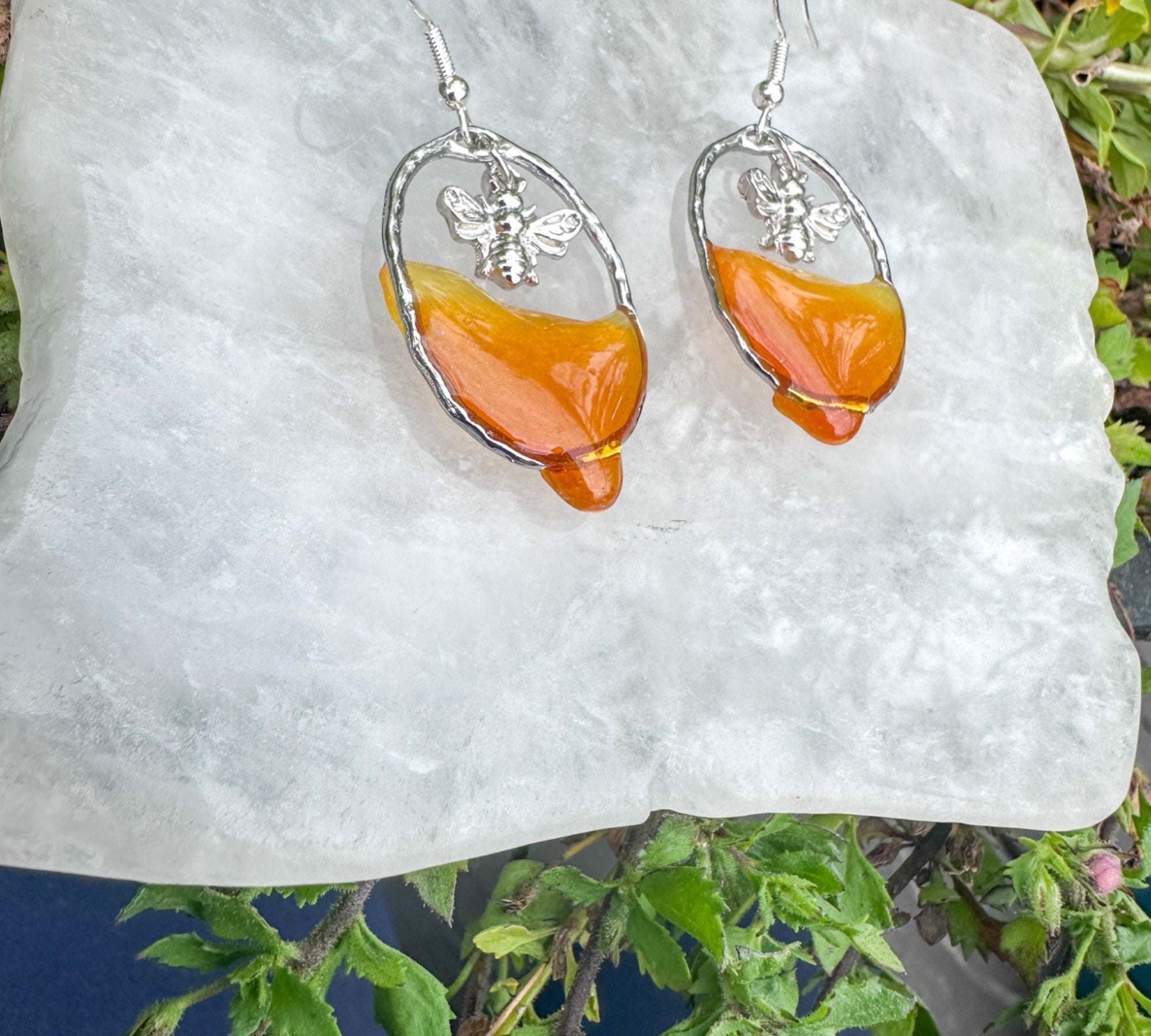 Dripping Honey Handmade Bee -utiful Silver Drop Resin Earrings