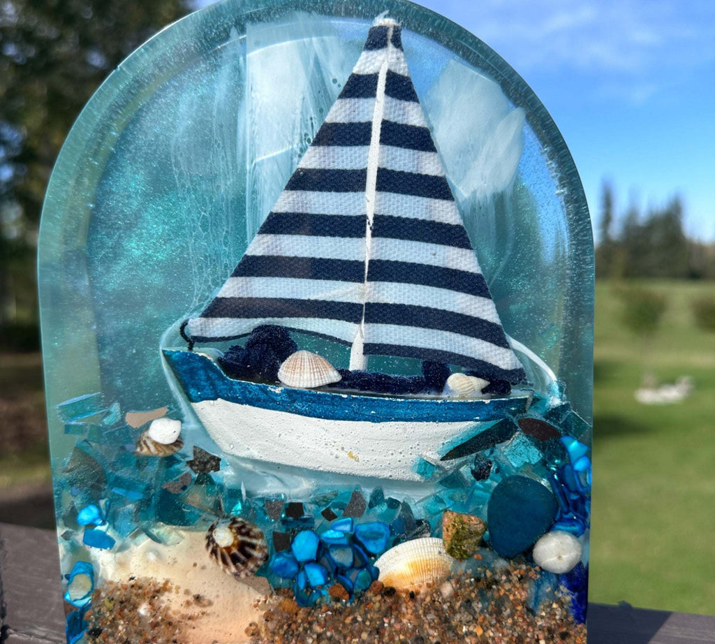 Handmade Resin Sailboat Sculpture – A Tranquil Ocean Scene Illuminated