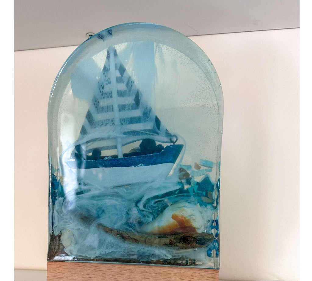 Handmade Resin Sailboat Sculpture – A Tranquil Ocean Scene Illuminated