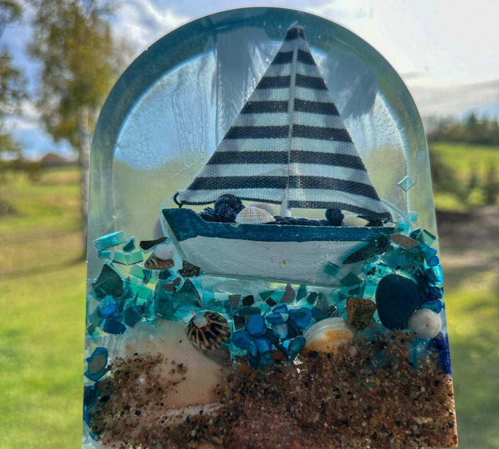 Handmade Resin Sailboat Sculpture – A Tranquil Ocean Scene Illuminated