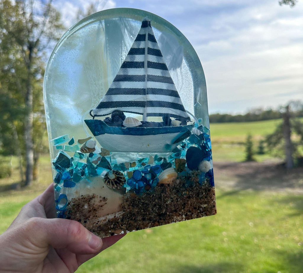 Handmade Resin Sailboat Sculpture – A Tranquil Ocean Scene Illuminated