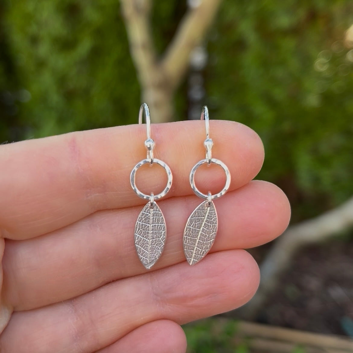 Leaf & Circle Earrings • Sterling Silver