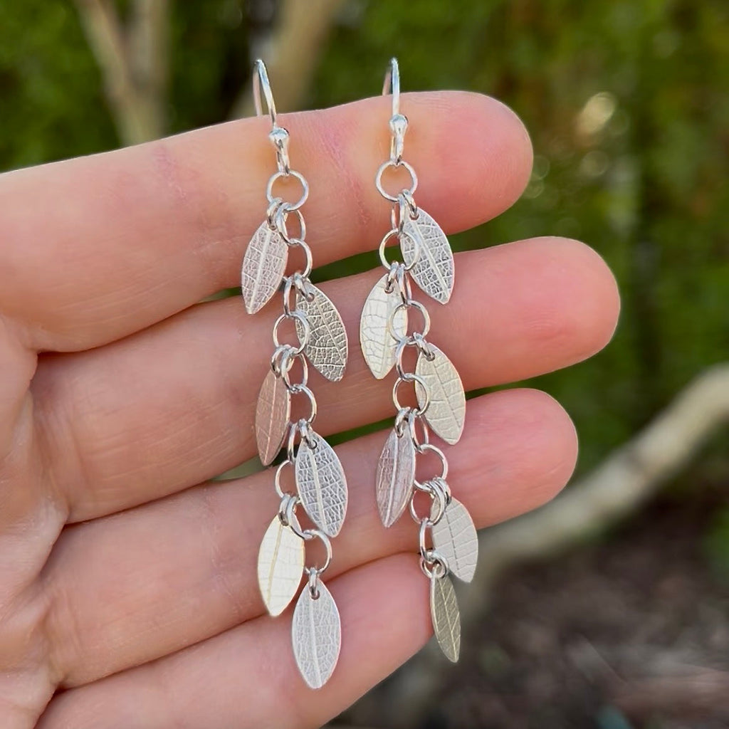 Falling Leaves Earrings • Sterling Silver Leaf Imprint Chain Earrings