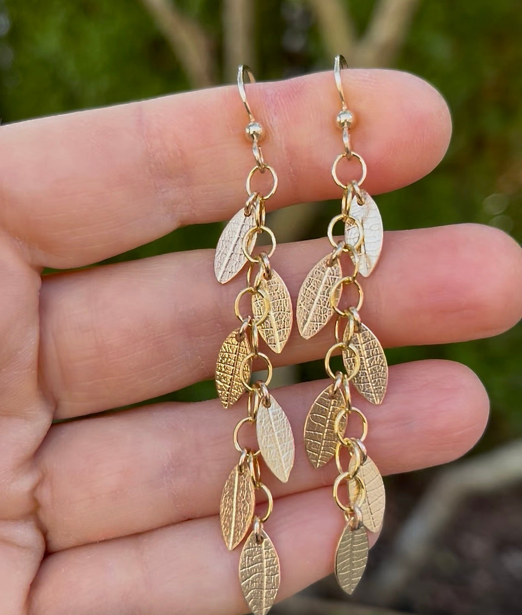 Falling Leaves Earrings • 14K Gold Fill Leaf Imprint Chain Earrings