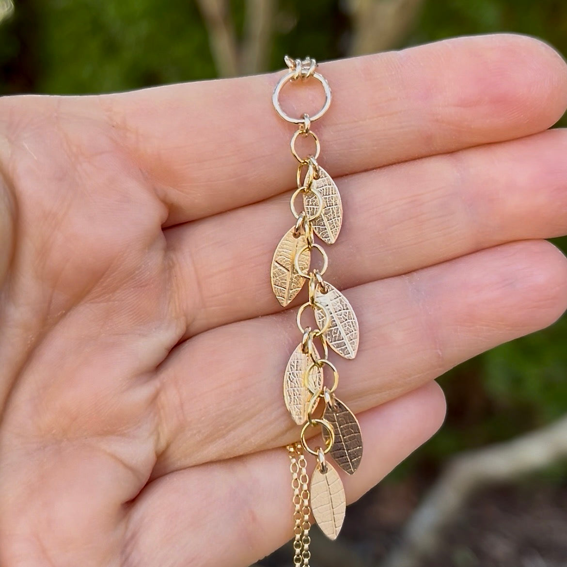 Falling Leaves Gold Lariat Necklace | 14K Gold Fill Leaf Imprint Drop Necklace