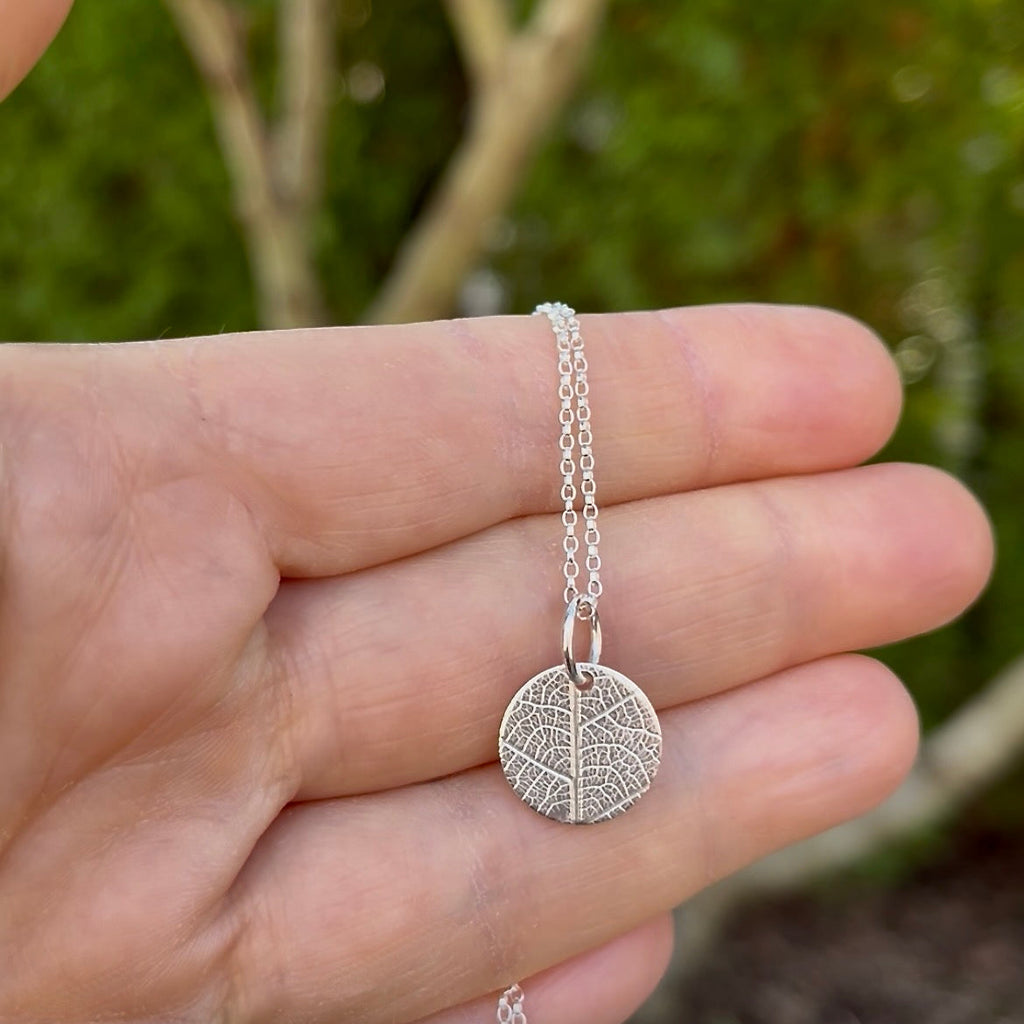 Silver Leaf Imprint Disc Charm Necklace • Sterling Silver