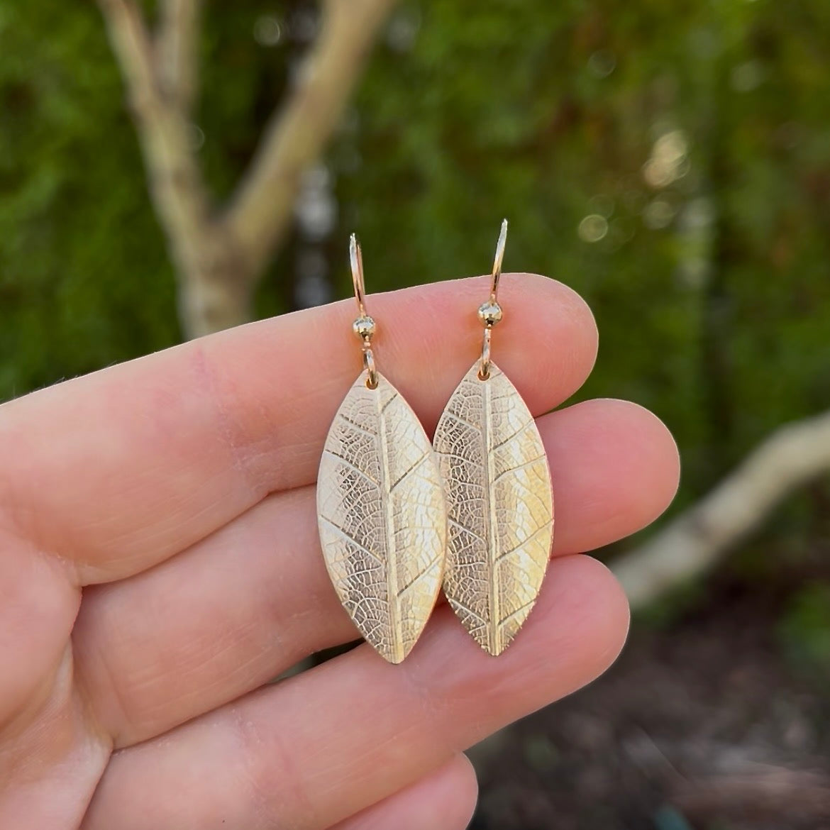 Leaf Imprint Dangle Earrings • 14K Gold Fill