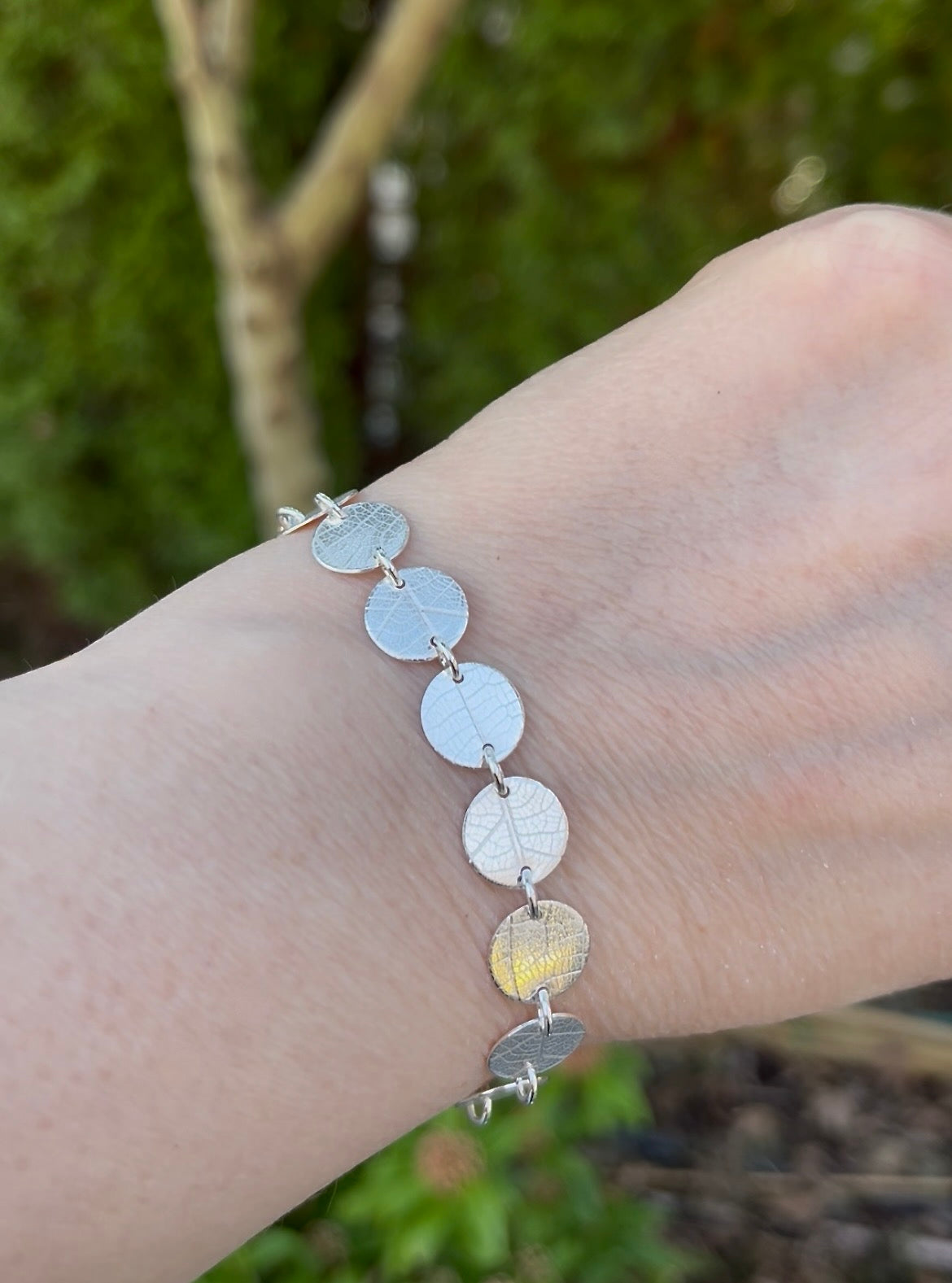 Sterling Silver Leaf Imprint Disc Bracelet | Adjustable Leaf Bracelet