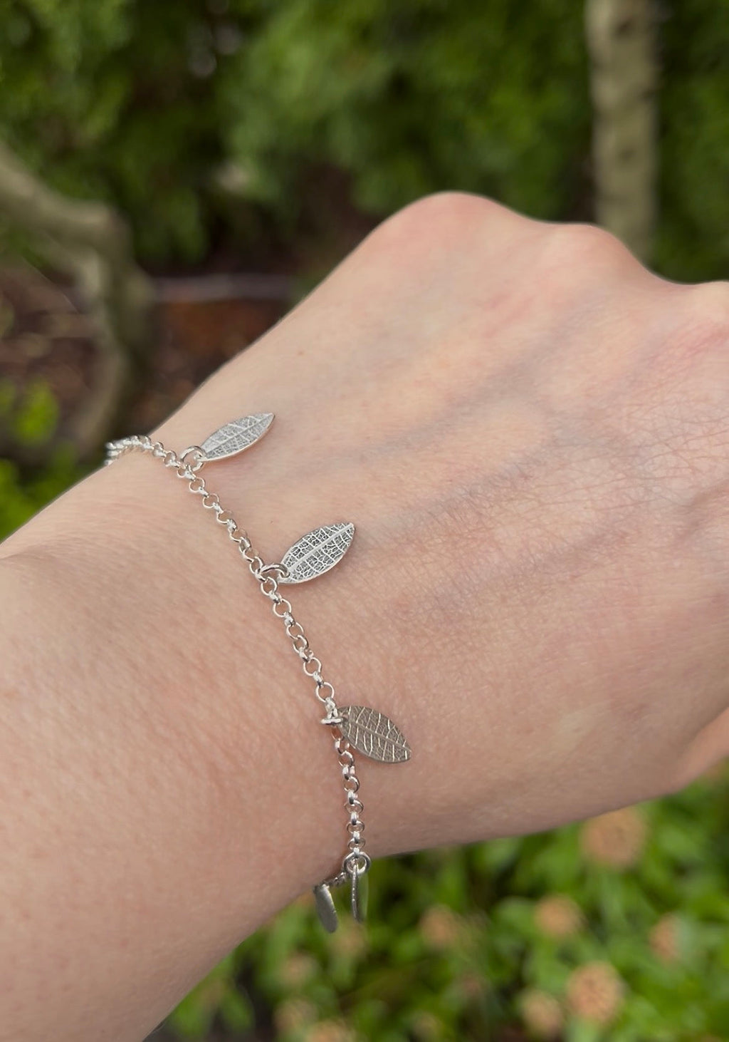 Adjustable Sterling Silver Leaf Charm Bracelet | Leaf Imprint Jewellery