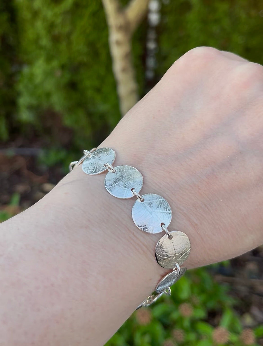 Chunky Sterling Silver Leaf Imprint Disc Bracelet | Statement Bracelet