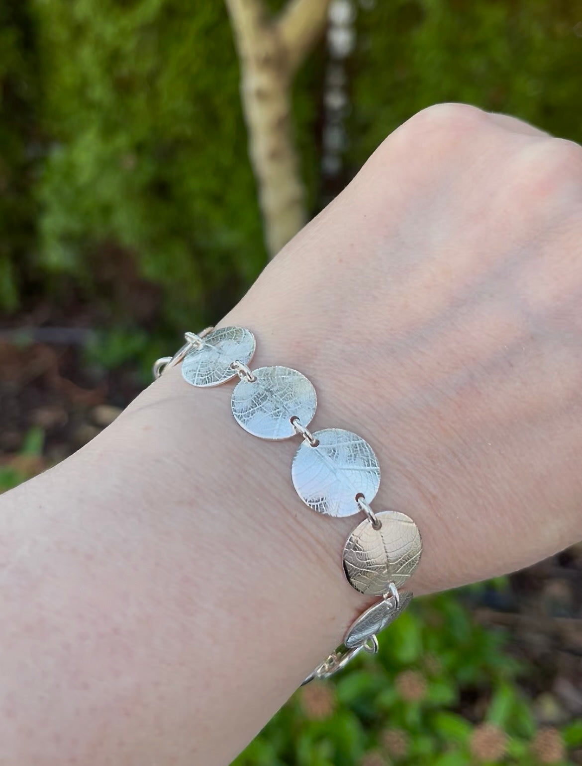 Chunky Sterling Silver Leaf Imprint Disc Bracelet | Statement Bracelet