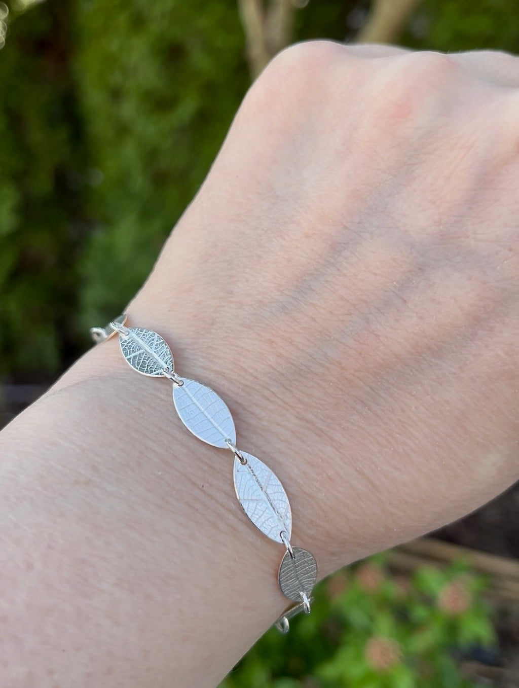 Sterling Silver Leaf Link Bracelet | Leaf Imprint Adjustable Bracelet