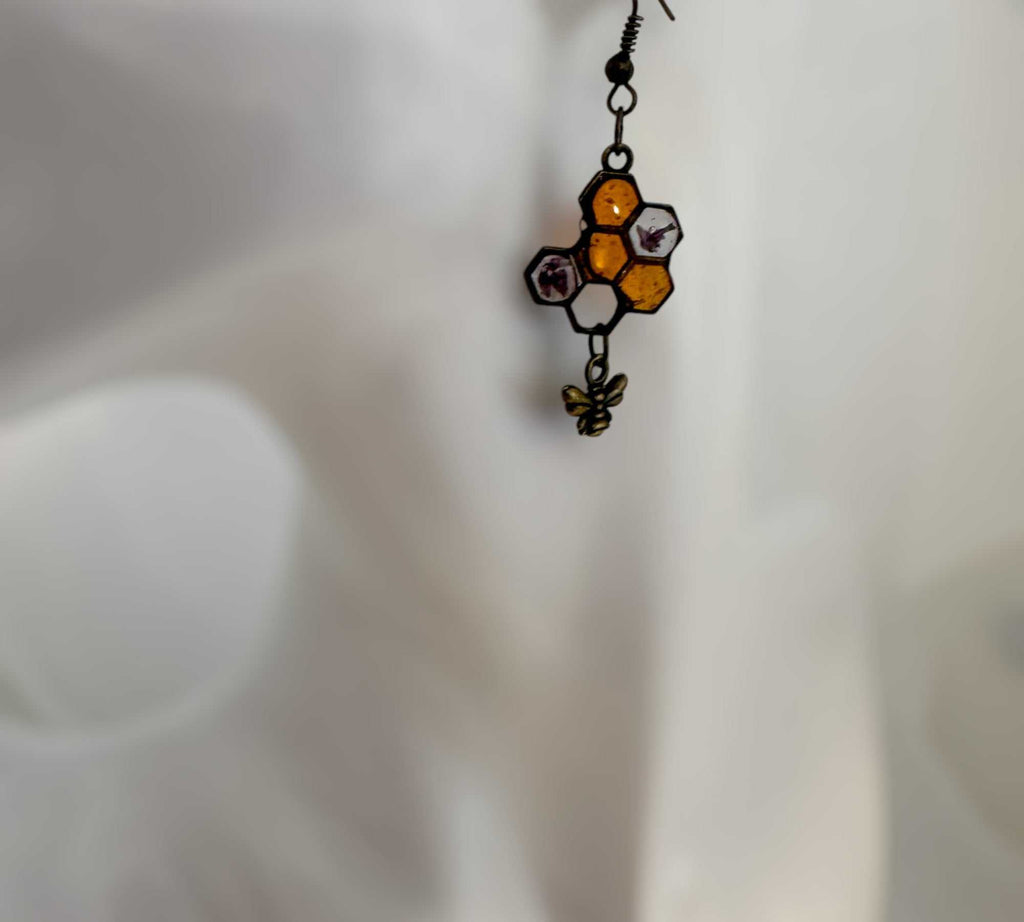 Honey Bee Charm Earrings - Handmade Resin Honeycomb & Flower Bee-utiful Earrings