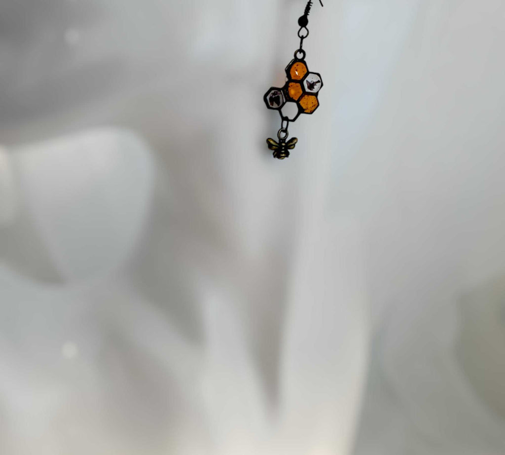 Honey Bee Charm Earrings - Handmade Resin Honeycomb & Flower Bee-utiful Earrings