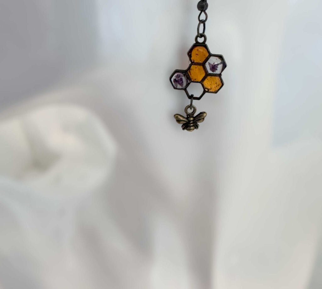 Honey Bee Charm Earrings - Handmade Resin Honeycomb & Flower Bee-utiful Earrings