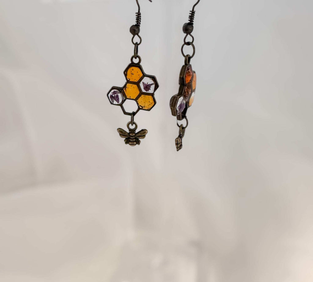 Honey Bee Charm Earrings - Handmade Resin Honeycomb & Flower Bee-utiful Earrings