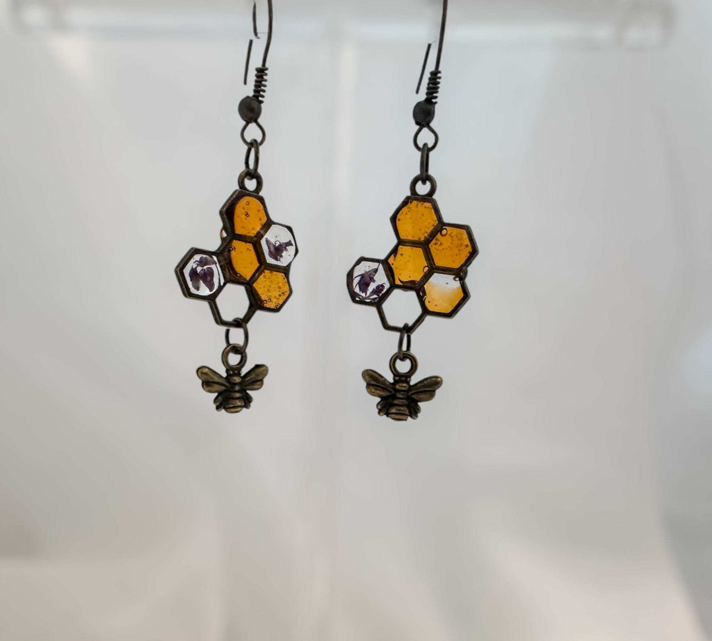 Honey Bee Charm Earrings - Handmade Resin Honeycomb & Flower Bee-utiful Earrings
