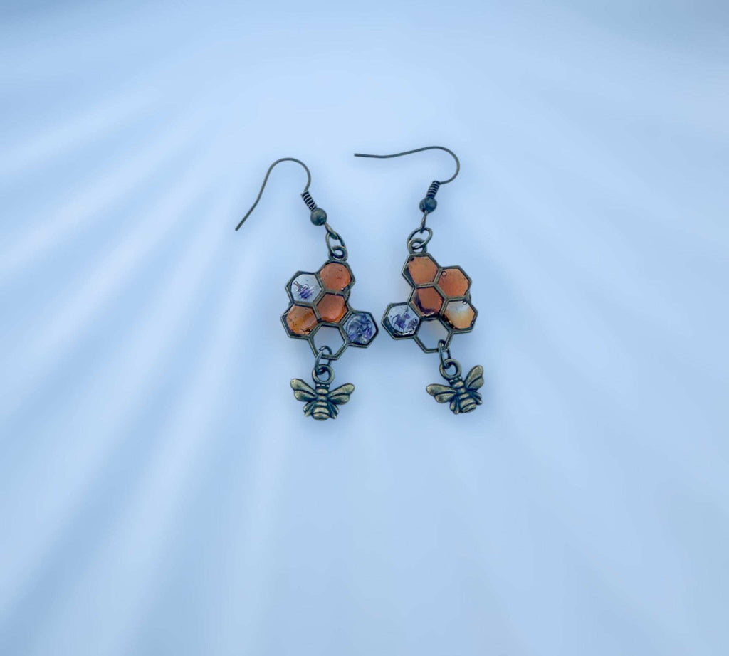 Honey Bee Charm Earrings - Handmade Resin Honeycomb & Flower Bee-utiful Earrings