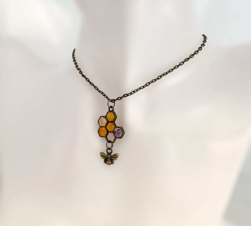Honey Bee Necklace - Handmade Honeycomb Resin Pendant with Flowers