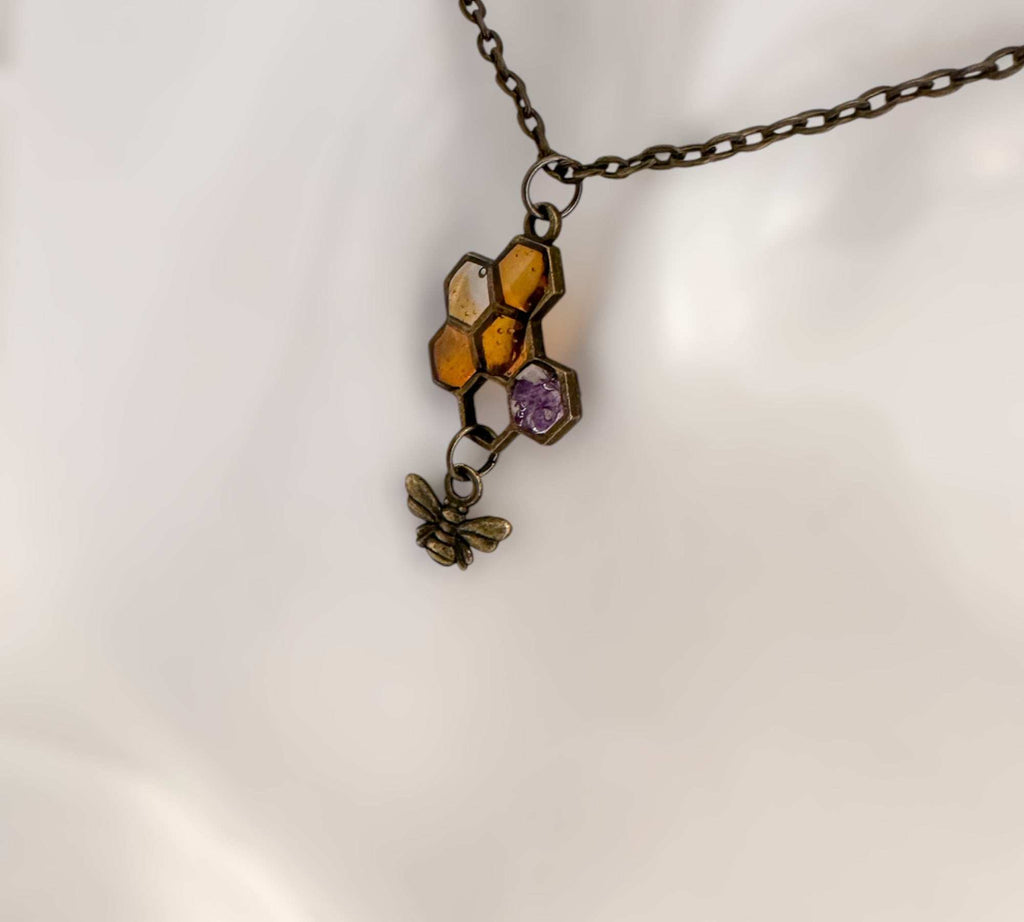 Honey Bee Necklace - Handmade Honeycomb Resin Pendant with Flowers