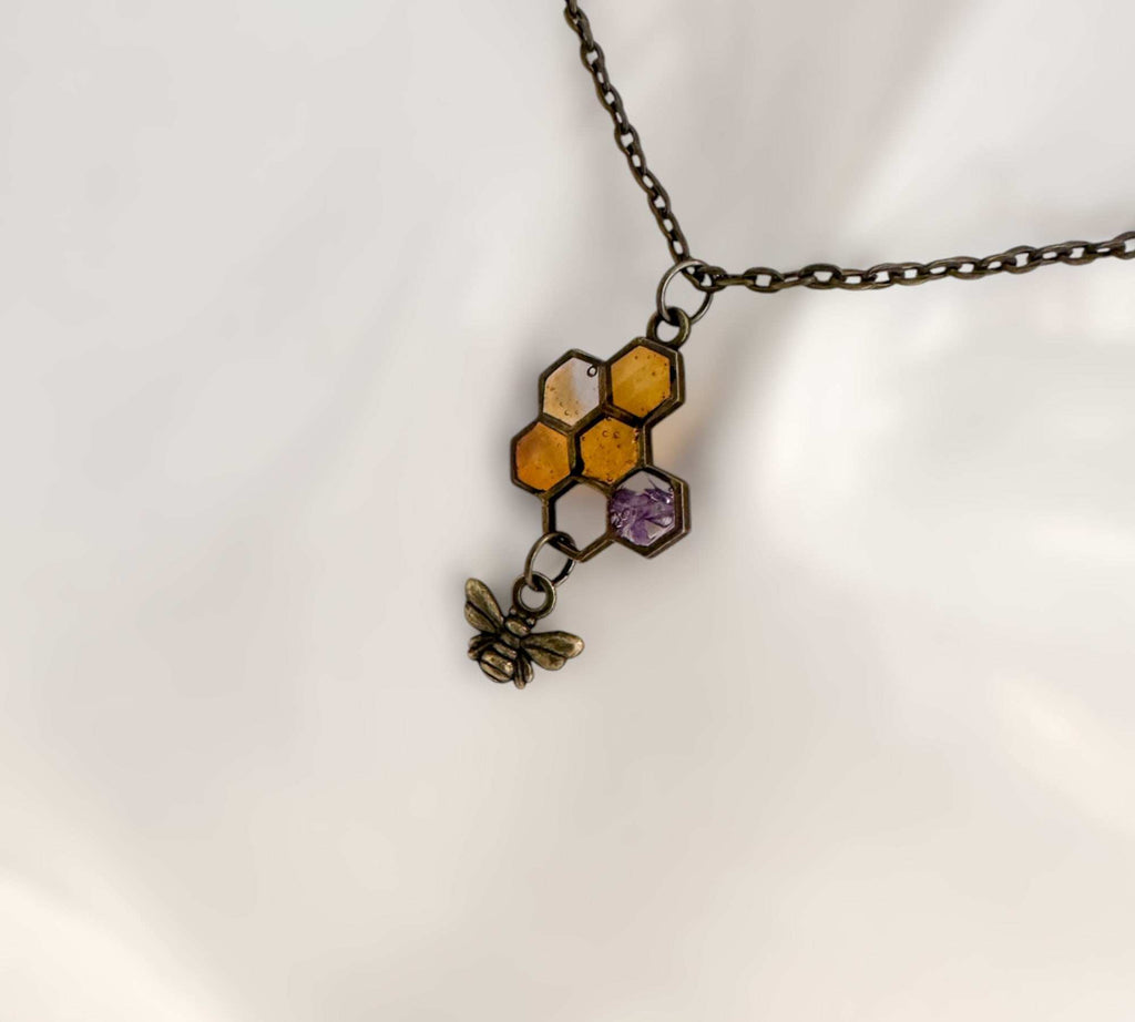 Honey Bee Necklace - Handmade Honeycomb Resin Pendant with Flowers