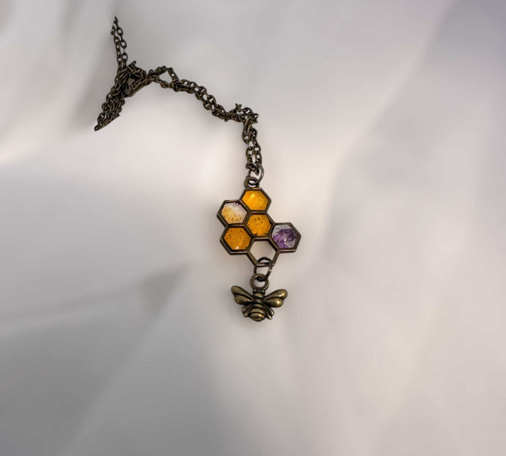 Honey Bee Necklace - Handmade Honeycomb Resin Pendant with Flowers