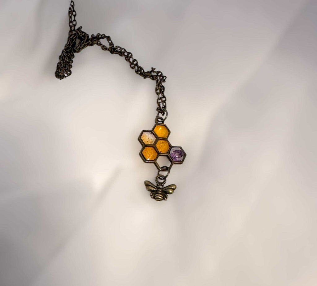 Honey Bee Necklace - Handmade Honeycomb Resin Pendant with Flowers